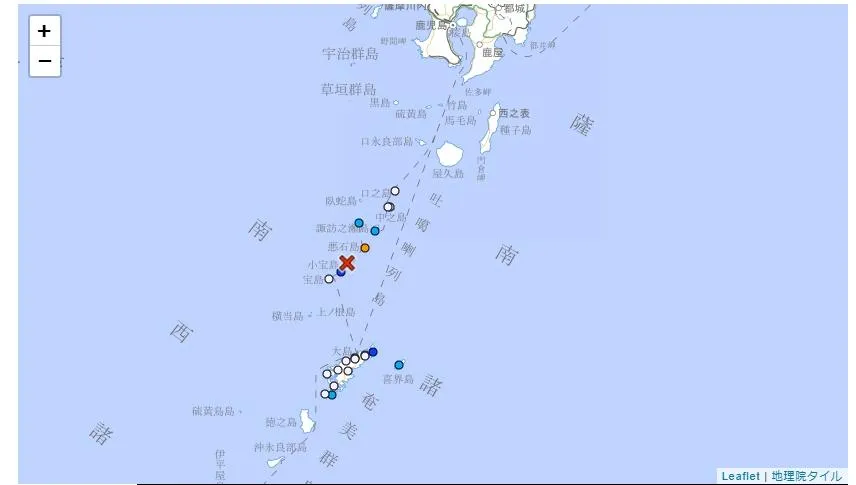 鹿兒島縣十島村發生規模5.3地震，震源深度約20公里，最大震度達5強。（圖／日本氣象廳）