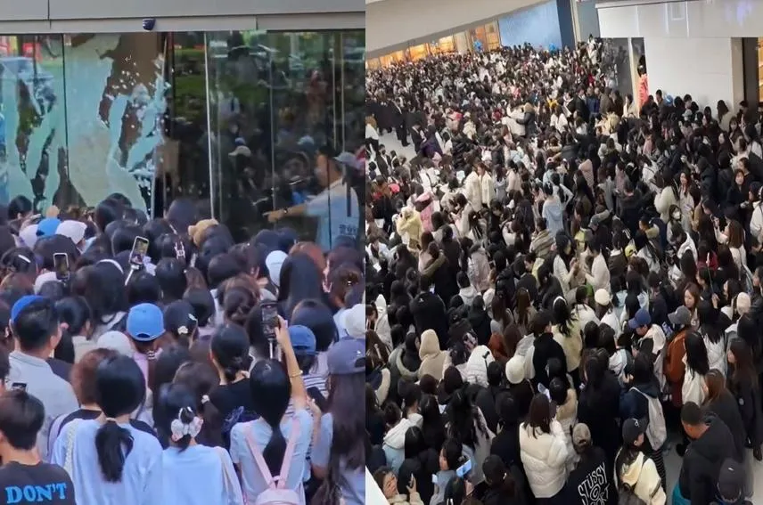 大批粉絲擠爆商場,就連玻璃門就被衝撞破。(圖/翻攝微博)