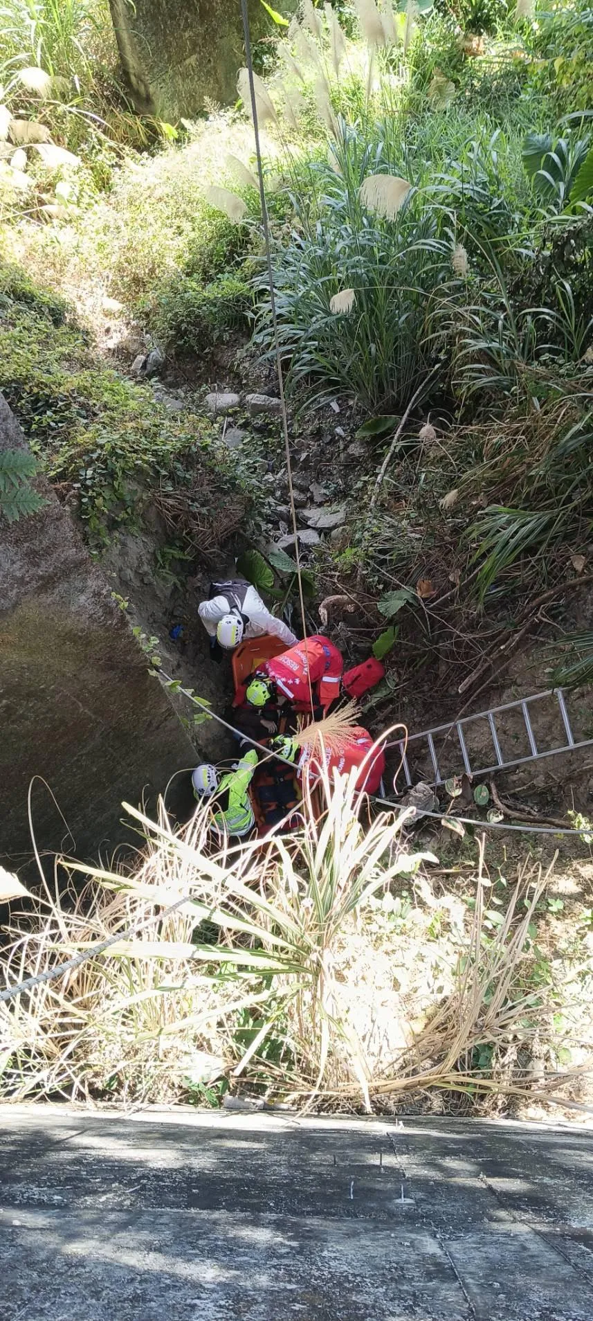 和平區穿龍橋今(11)日12點左右發生一起嚴重墜橋意外,一名73歲男性騎士墜落約8米深的橋下,消防人員緊急出動救援。(圖/消防提供)