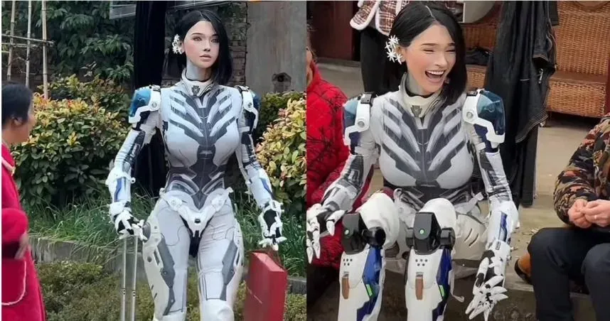 正妹扮機器人回家過年，鄰居大媽圍觀搶介紹對象。（圖／翻攝微博）