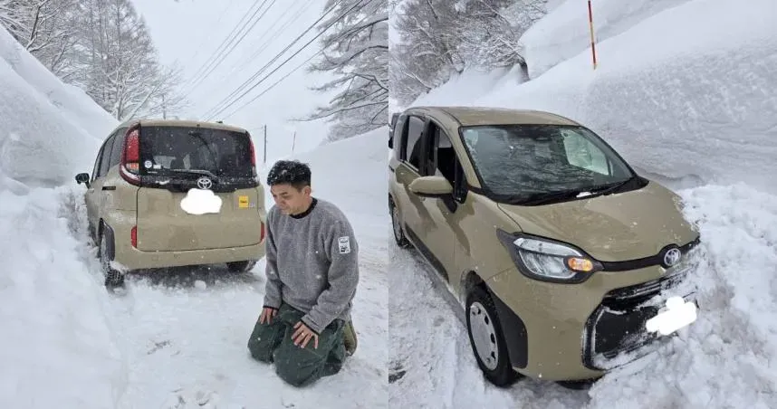 史丹利在雪地開車,突然煞不住,只好撞向山壁讓車停止。(圖/熱血史丹利大叔應援團臉書)