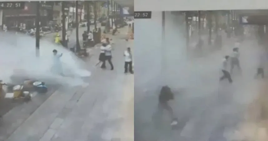 緬甸強震致雲南高樓水台爆裂，馬路突現「巨浪」吞食路人。（圖／翻攝微博）