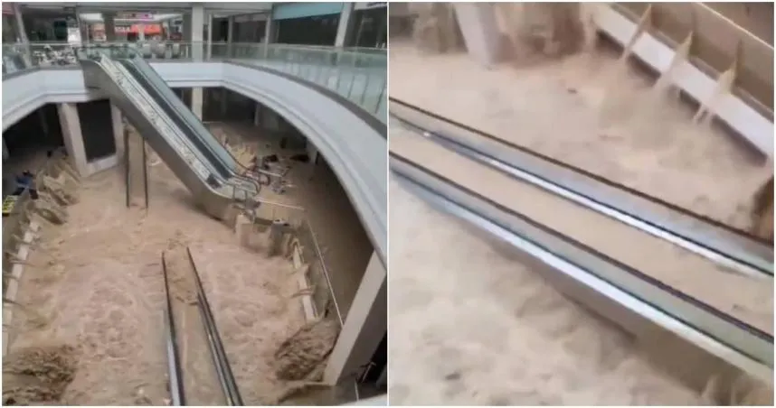 猛烈暴雨狂轟大陸貴州省，榕江縣最大商場「常馳廣場」遭大水吞噬，就連手扶梯也被淹成驚險刺激的滑水道，整座商場瞬間化身水上樂園。（圖／翻攝自微博）