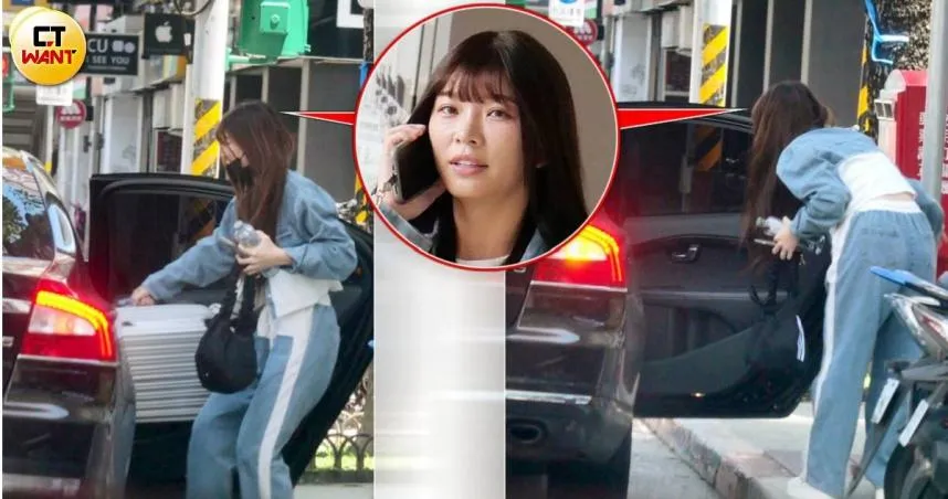 由K先生開的黑色轎車從林穎樂家中駛出，一路前往台北市公館，從副駕駛座下車正是她本人，林穎樂先到後座拿行李，之後又開前門甜蜜道別。（圖／CTWANT）