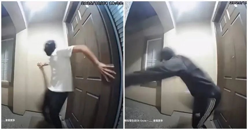 美國TikTok青少年用戶間最近流行「踢門挑戰」，破壞許多民眾的家門。（圖／翻攝自Facebook@Elk Grove Police Department）