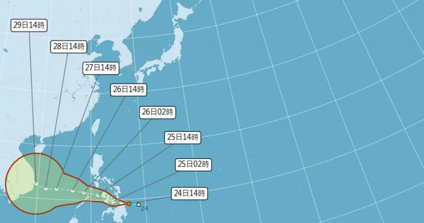 熱帶性低氣壓TD30預估週三(26日)增強為「天琴」颱風。(圖/氣象署)