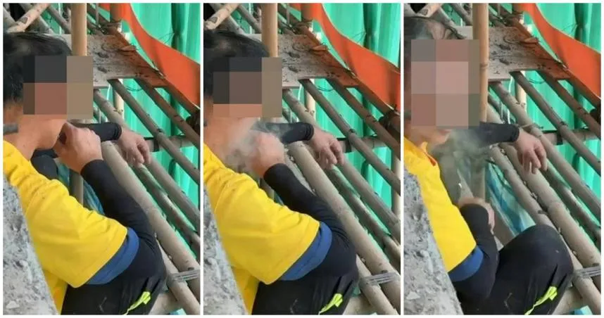 香港大埔區社區住宅「宏福苑」發生大火奪走13條人命，網路瘋傳一段疑似工人在棚架抽菸的畫面。（圖／翻攝畫面）