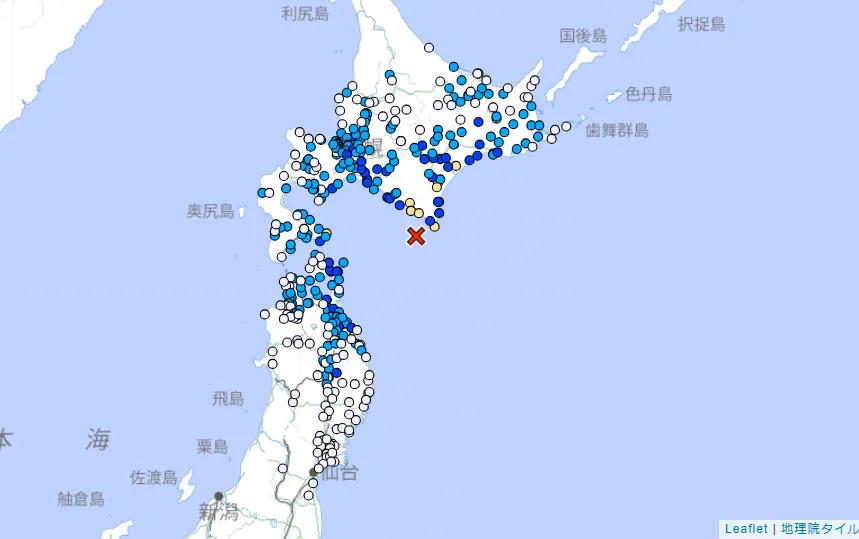 日本北海道浦河近海23日晚間9時45分發生規模6.0地震,最大震度4級。(圖/翻攝自日本氣象廳官網)
