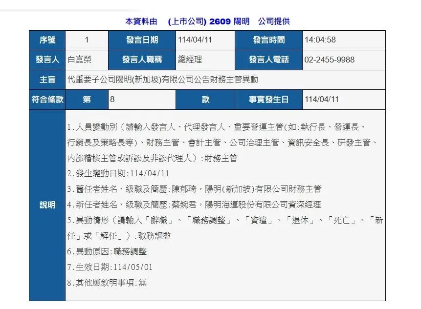 陽明晚間發重訊。（圖/翻攝自公開資訊觀測站）