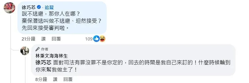林秉文與徐巧芯在臉書互嗆（攝自林秉文臉書）