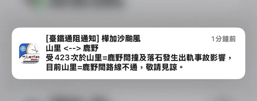台鐵423次列車撞到落石暫停行駛。（圖／翻攝畫面）