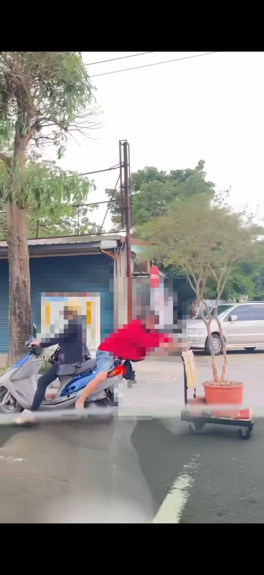 阿伯坐在機車後座，整個人面向後方，雙手拖著載有樹葡萄盆栽的推車一起上路，引發網友討論。（圖／警方提供）