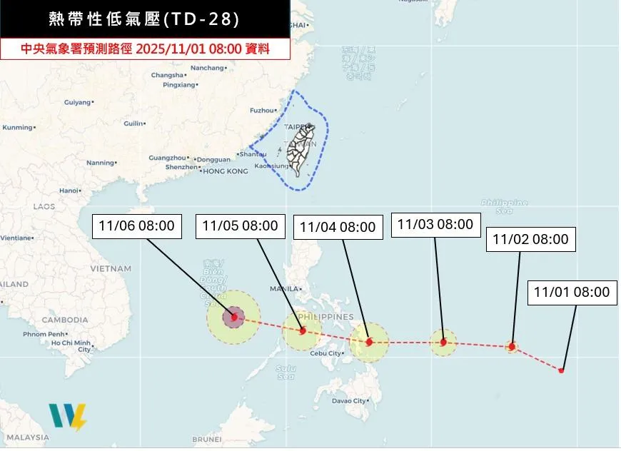 熱帶性低氣壓(TD-28)形成。(圖/翻攝自「天氣職人-吳聖宇」臉書粉絲專頁)