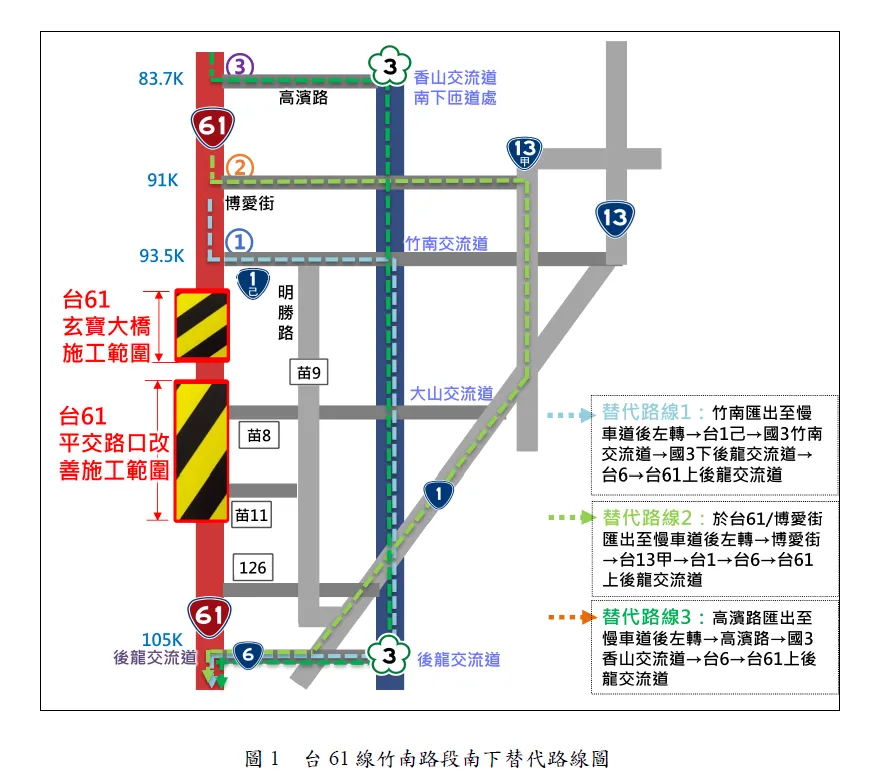 台61線竹南路段南下替代路線圖。（圖／公路局提供）