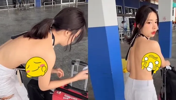 前面只遮2塊布！馬尾辣妹上身真空「機場彎腰10秒」　網暴動：噴鼻血了啦～