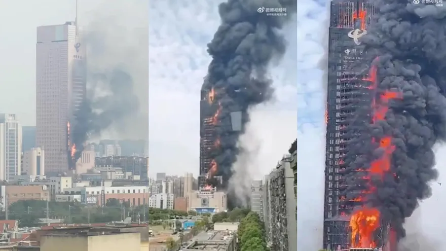 【影】快訊／長沙電信大樓「全棟陷入火海」！　恐怖黑煙直竄天際…目前傷亡不明