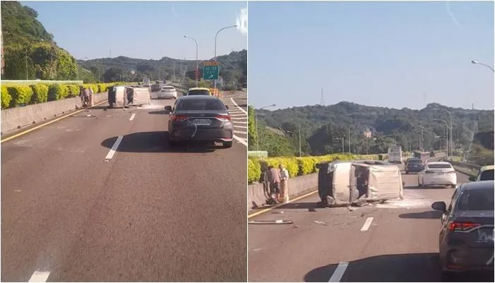 轎車側翻「玻璃炸碎」滿地殘骸！國1北上爆翻覆事故　疑自撞釀禍→傷亡不明僅單線道通行