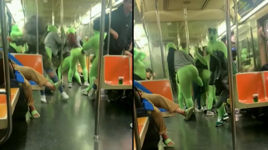 「綠惡魔」現身！9女穿螢光綠緊身衣　蒙面硬闖地鐵車廂…下秒揍人搶劫
