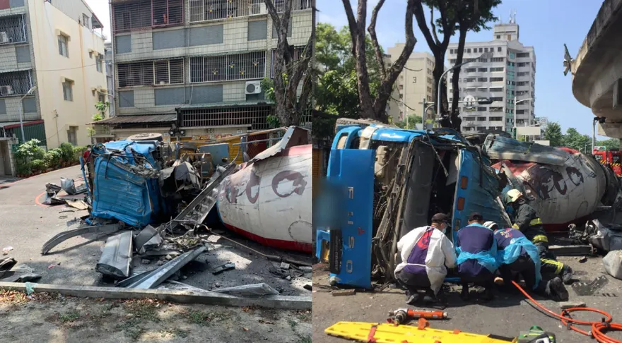 影/高雄水泥車撞破護欄…驚悚翻落高架橋下！駕駛失去生命跡象