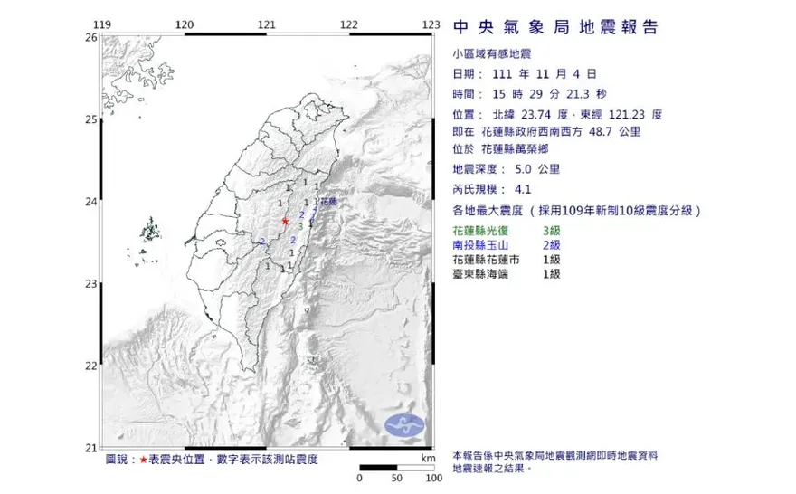 快訊/極淺層地震深度僅5公里！花蓮南投交界規模4.1最大震度3級