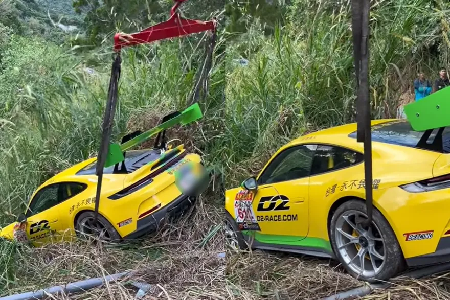 【影】廖老大出事了！千萬保時捷「卡山溝」　驚險畫面曝