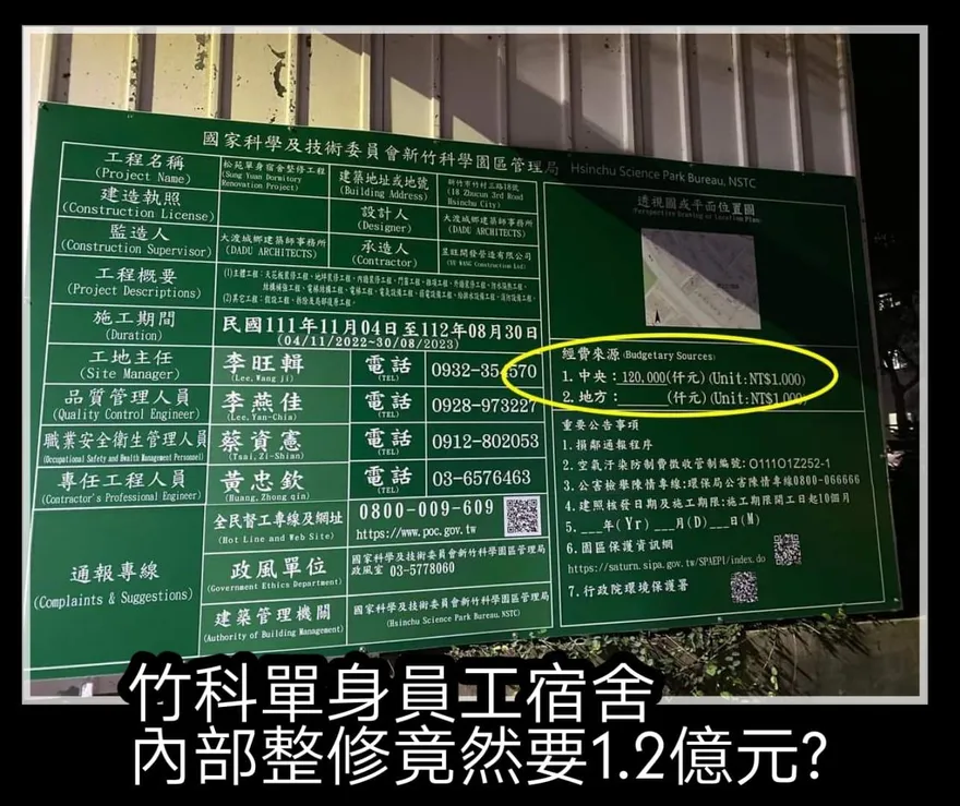 竹科花1.2億修宿舍？管理局：工程繁多、增設電梯　價格合理