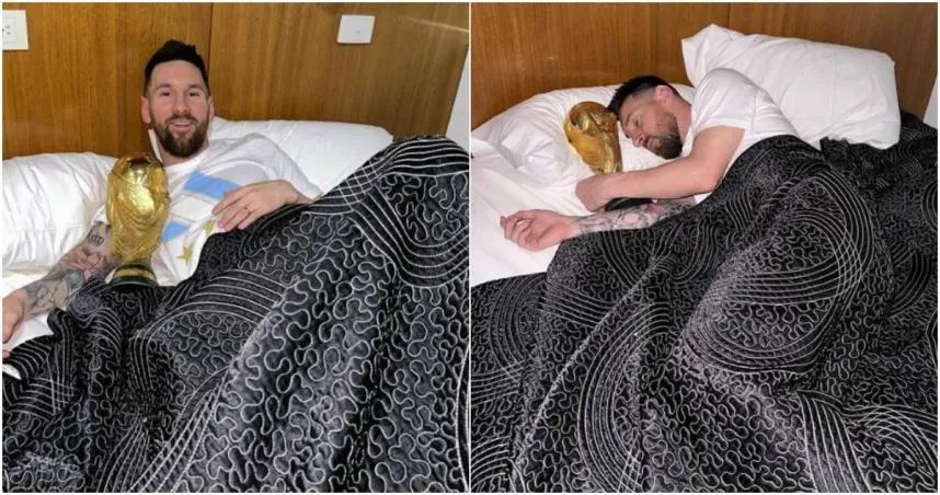 世足賽/這畫面太可愛！奪冠太開心　梅西俏皮抱大力神盃入睡