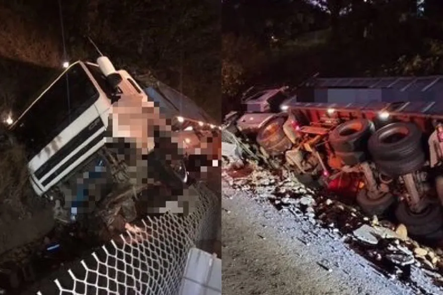 快訊/ 駕駛逃過一劫！國3大甲段聯結車碰撞轎車後衝倒整片護欄　翻覆側躺邊坡