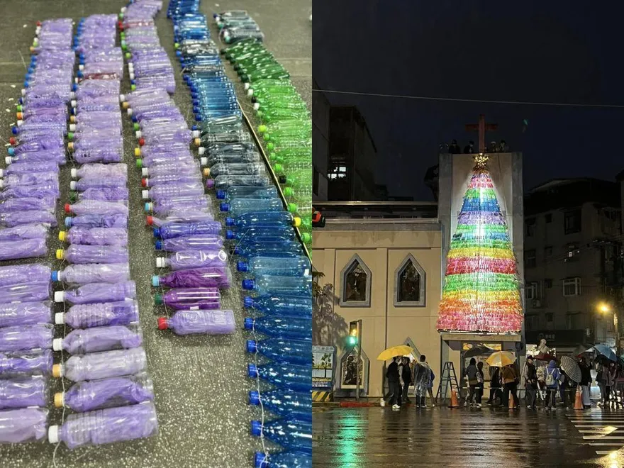 環保新創意！他蒐集「900個寶特瓶+七彩塑膠袋」　特製2樓高聖誕樹