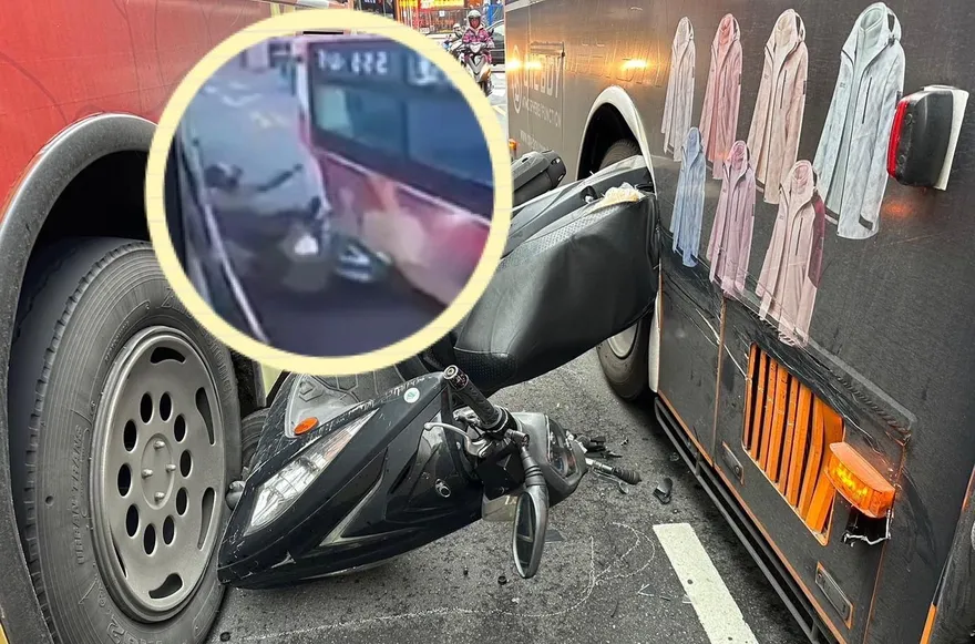 影/驚悚影片曝！婦人騎車鑽大車縫失敗　慘變「公車夾心酥」…幸運毫髮未傷