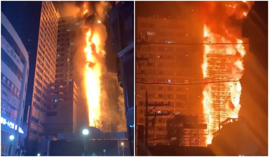 影/暗夜惡火！韓國住商大樓停車塔大火　巨大火柱狂燒吞沒建築物