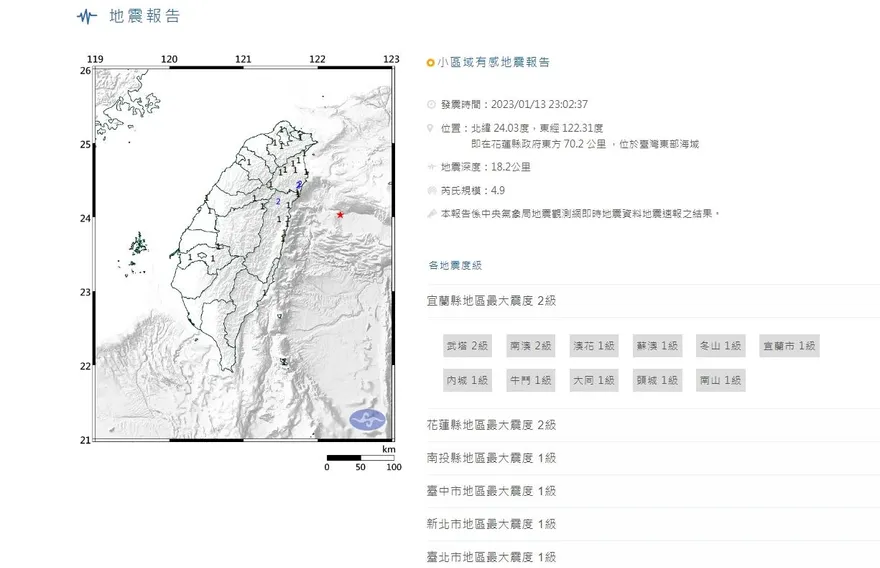 快訊／晚間地牛翻身！東部海域23:02發生規模4.9地震　最大震度宜蘭花蓮2級