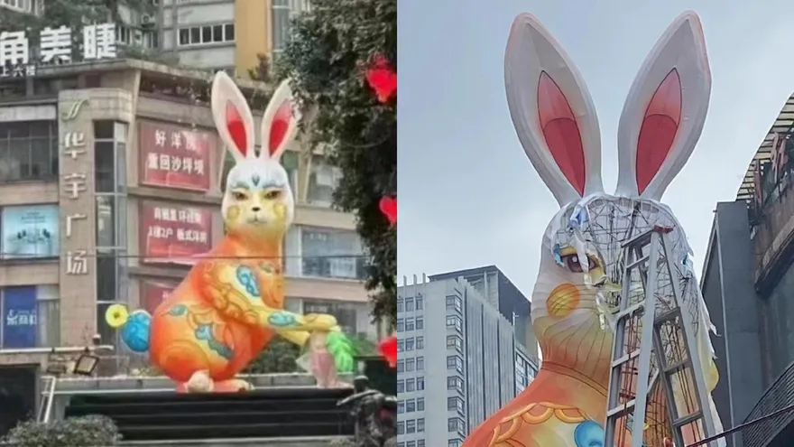 「妖氣」又來！重慶街頭「人臉兔」花燈　被吐槽太醜慘遭拆除「下架」