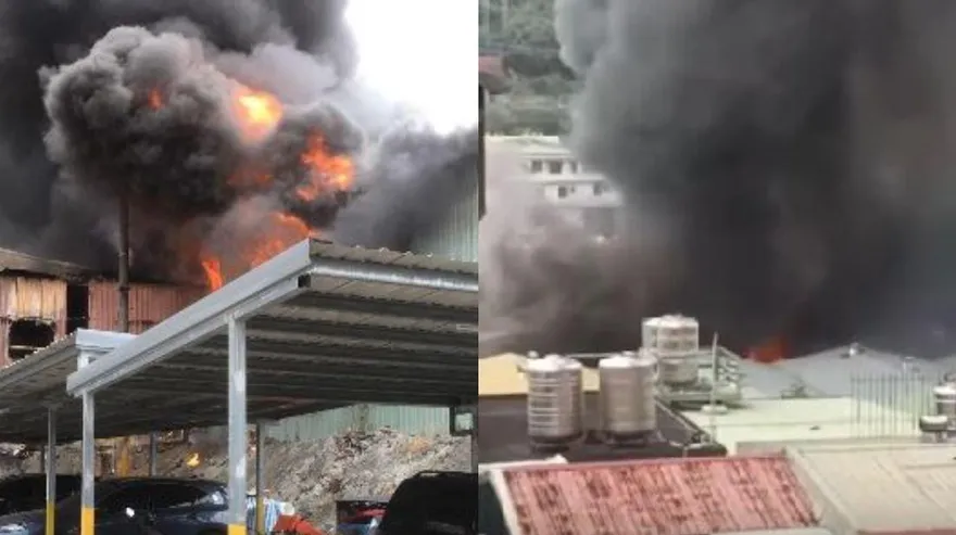 影/五股汽修廠火警！黑煙竄天際　50輛消防車灌救…起火狂燒畫面曝