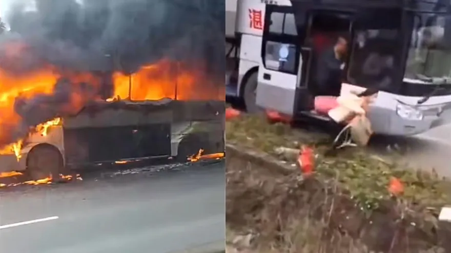 影/「燒到只剩車架」！廣東大巴突起火35人急逃　乘客大喊：東西別拿了