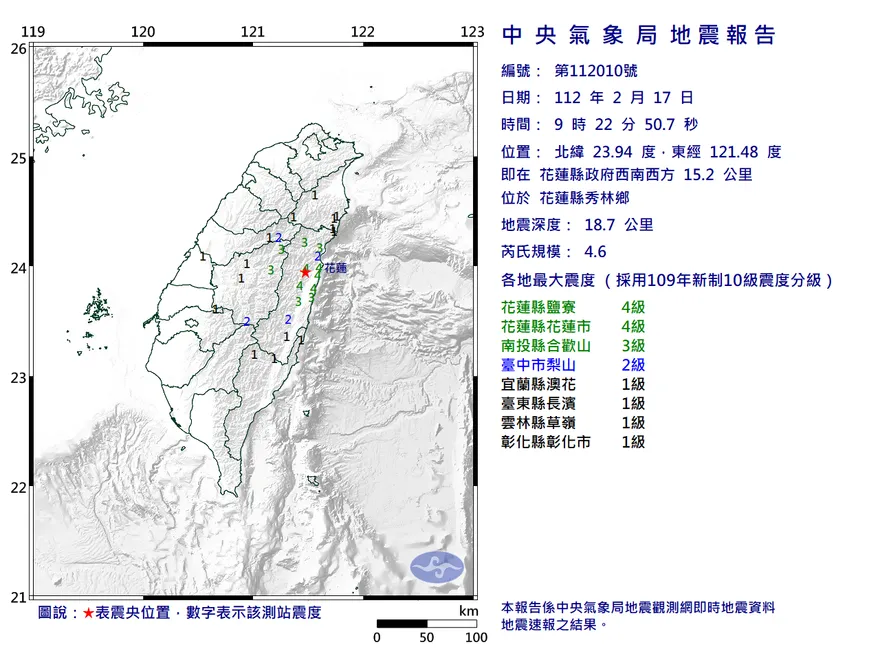 快訊/09：22花蓮規模4.6地震！最大震度4級　各地震度出爐