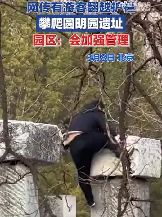 影/男子攀爬圓明園遺跡遭園方喝斥　嘻笑稱：我是農民下不為例