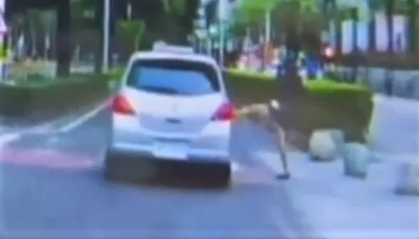 影/沒禮讓行人？短裙OL爆氣當街「90度抬腿猛踹」　猛攻轎車「中路」險走光