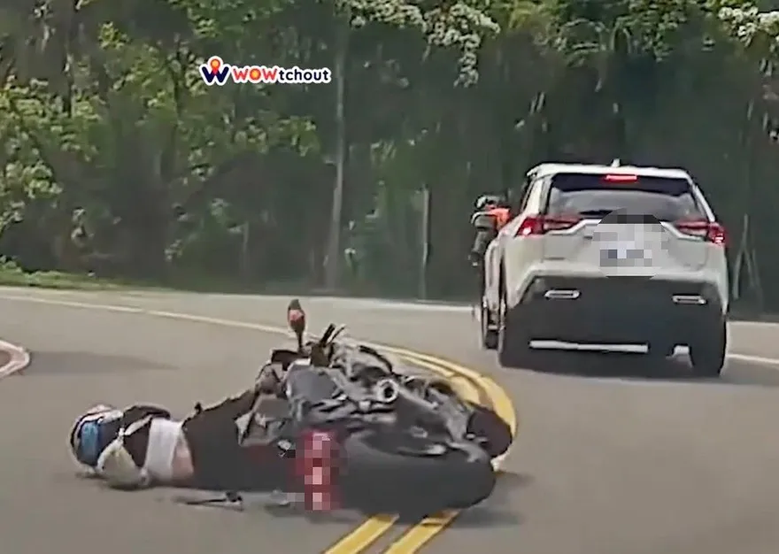 過彎真的要小心！重機辣妹山區過彎衝對向車「前空翻」慘摔　小蠻腰也著地
