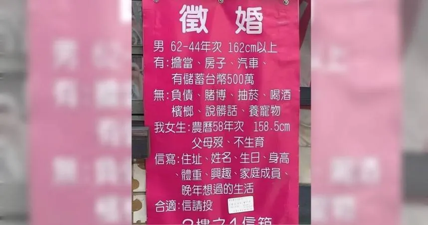 女子街頭貼徵婚啟事！　「4有、6無」條件讓網友笑翻