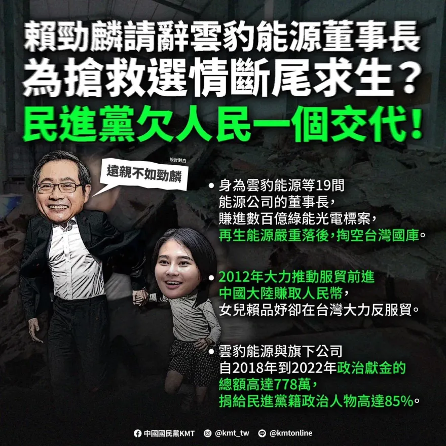 遠親不如「勁麟」！藍批賴勁麟請辭救選情　800萬人認同民進黨與黑金掛勾