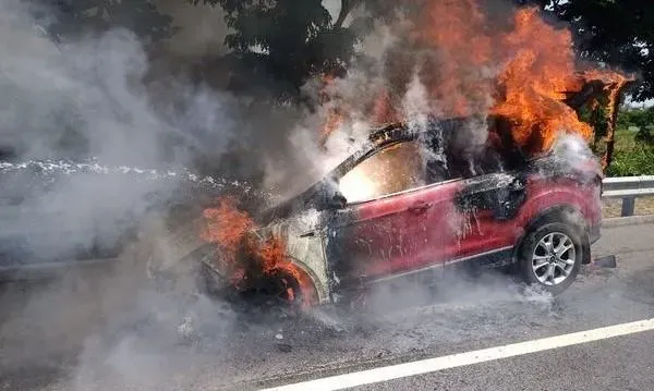 快訊/國1新營段火燒車駕駛跳車！火舌狂噴　紅車燒剩骨架