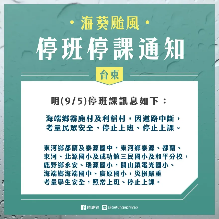 海葵颱風/5日還有颱風假！台東縣、高雄市停班課資訊一次看