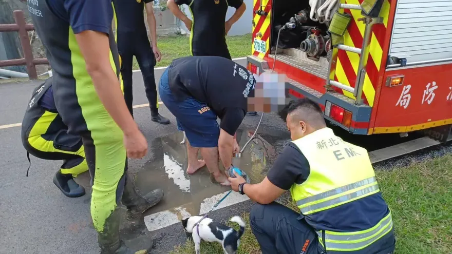 愛犬掙脫綁繩跌落河堤　飼主下水搶救反受困全身泥