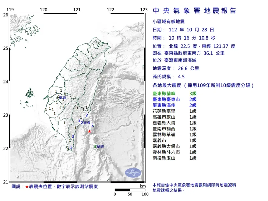 快訊/10:16東南海域規模4.5地震　最大震度3級