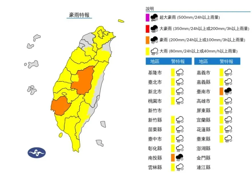 強度升級！雨彈戰機橫掃「18縣市」　「2地區」亮橘燈達豪雨警戒