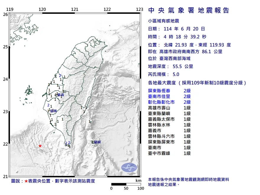 高雄西南海域04:18爆發規模5.0淺層地震　9縣市有感