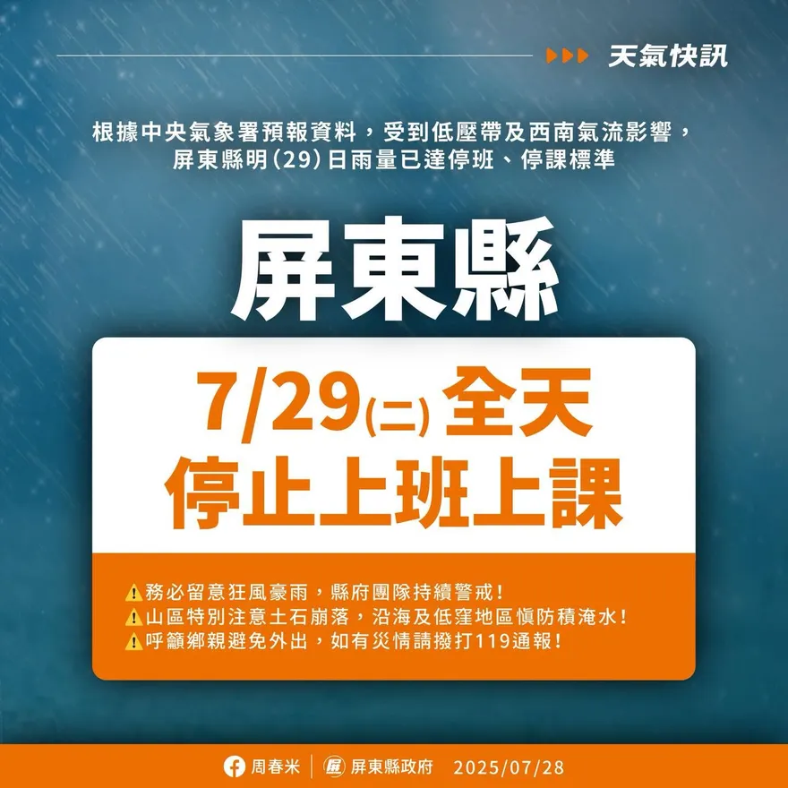 豪雨達標準！屏東縣宣布明停班停課