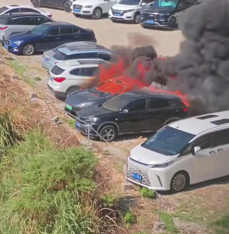 剛買1個多月！陸電動車突自燃狂燒　周圍7車遭殃燒到剩骨架