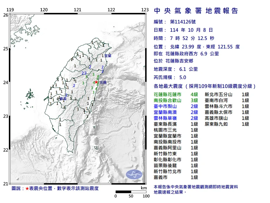 花蓮吉安鄉7:52發生規模5地震　最大震度4級